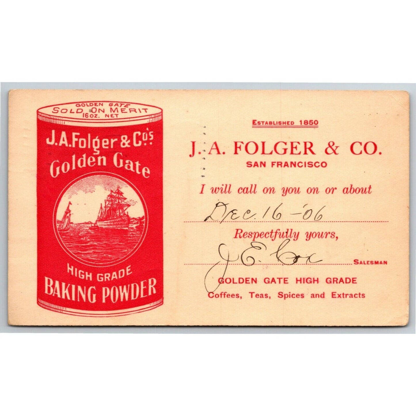 Scarce Postcard Postal Card J.A. Folger Golden Gate Baking Powder 1906