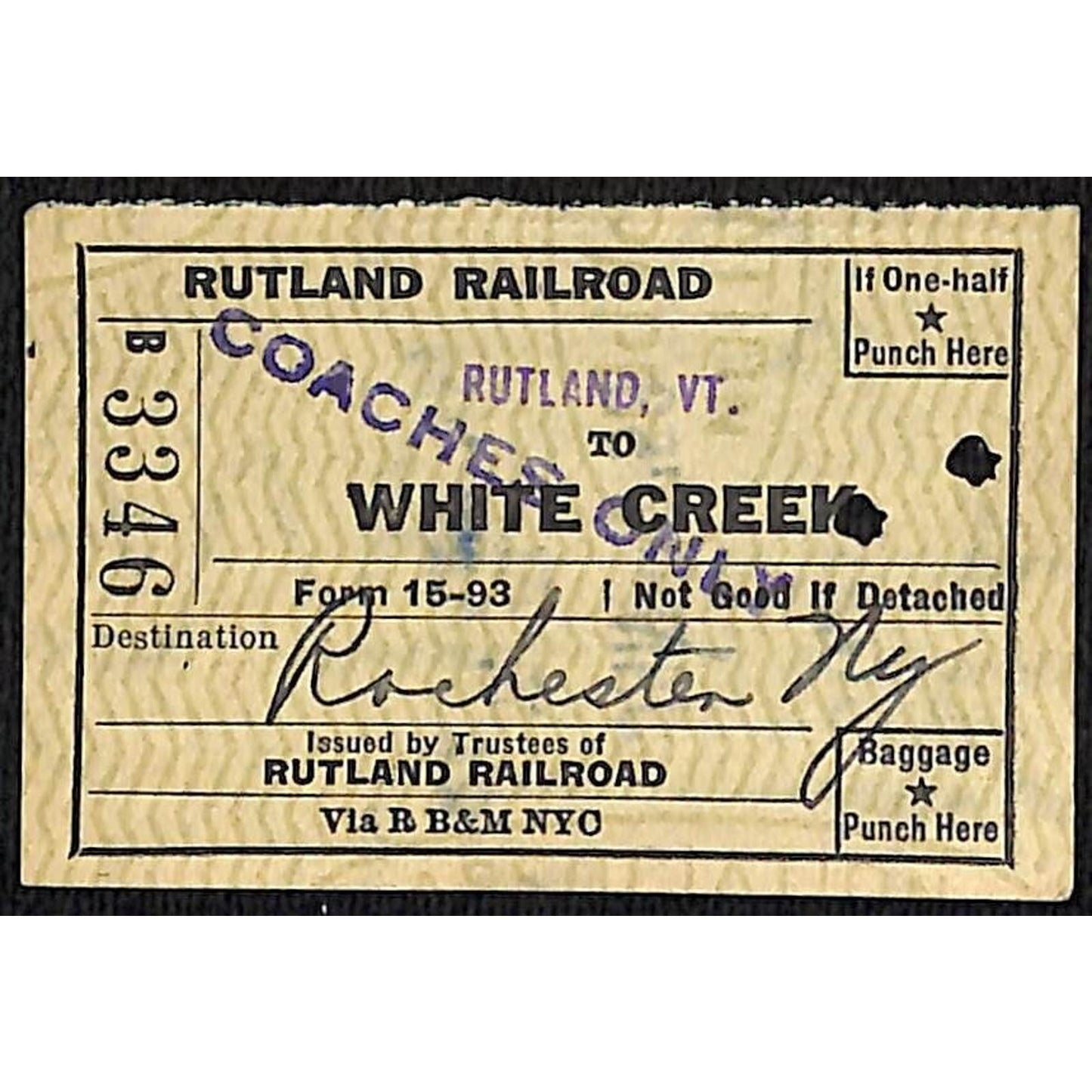 Rutland Railroad Ticket / Stub White Creek Rocester, NY 1953 #3346