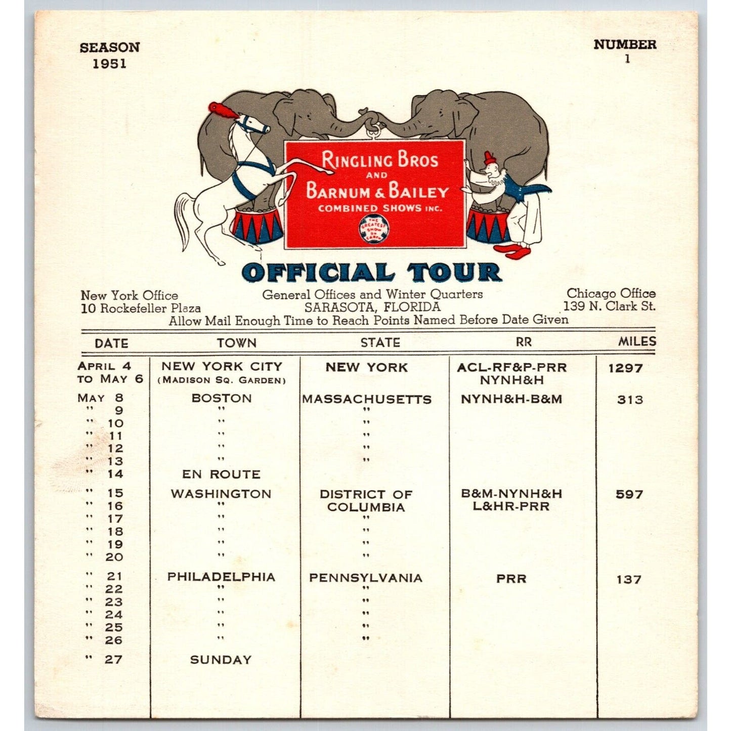 1951 Ringling Bros Barnum Bailey Circus Route Card NYC Boston Philadelphia DC