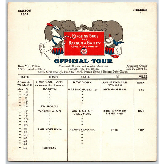 1951 Ringling Bros Barnum Bailey Circus Route Card NYC Boston Philadelphia DC