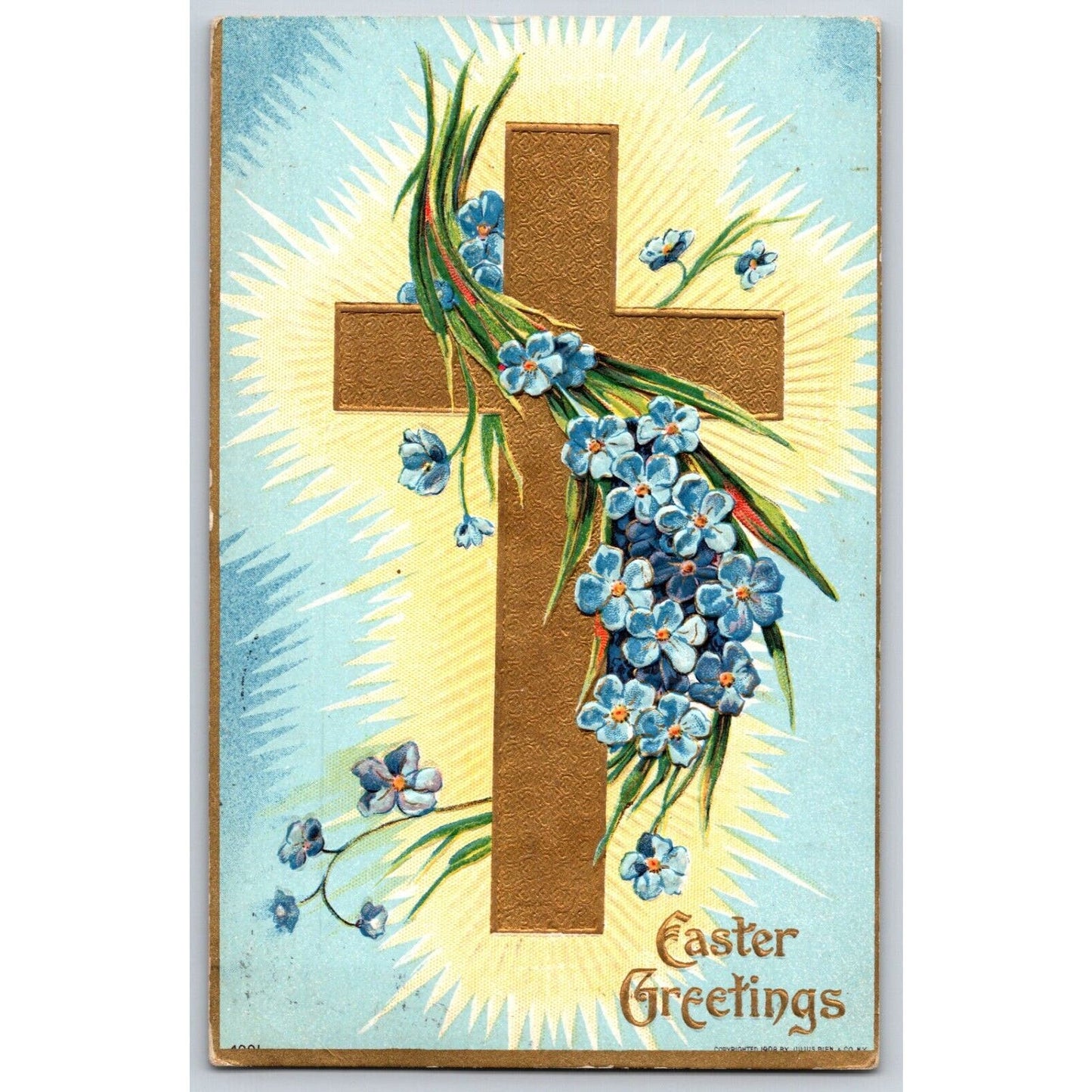 Easter Postcard "Easter Greetings" Gold Cross Radiant Line Floral Emb. PM 1913