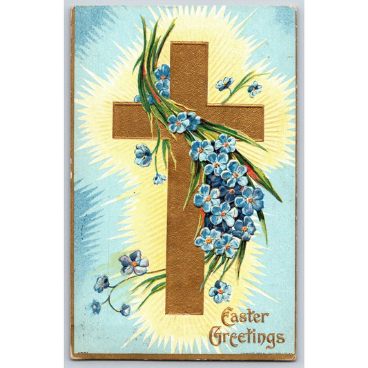 Easter Postcard "Easter Greetings" Gold Cross Radiant Line Floral Emb. PM 1913