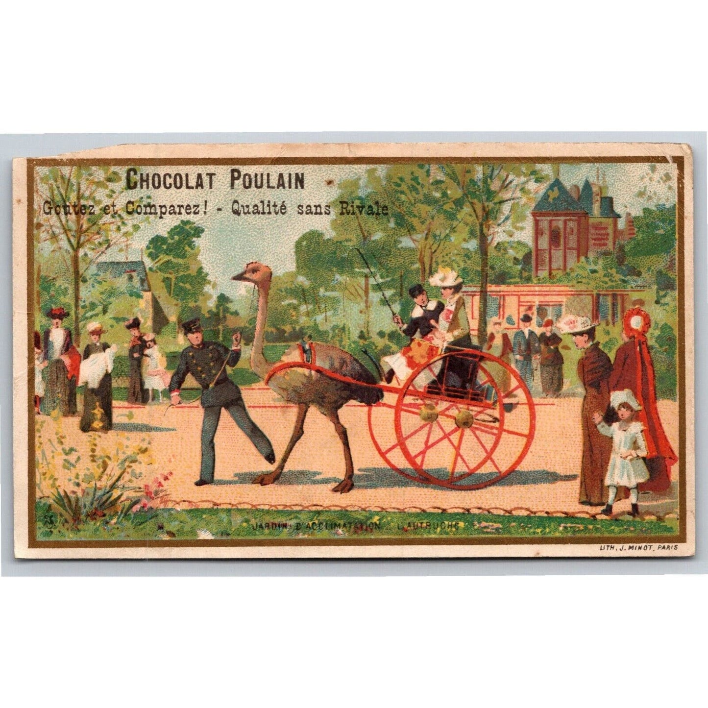 French Victorian Trade Card Chocolat Poulin - Two Seat Ostrich Pulled Carriage