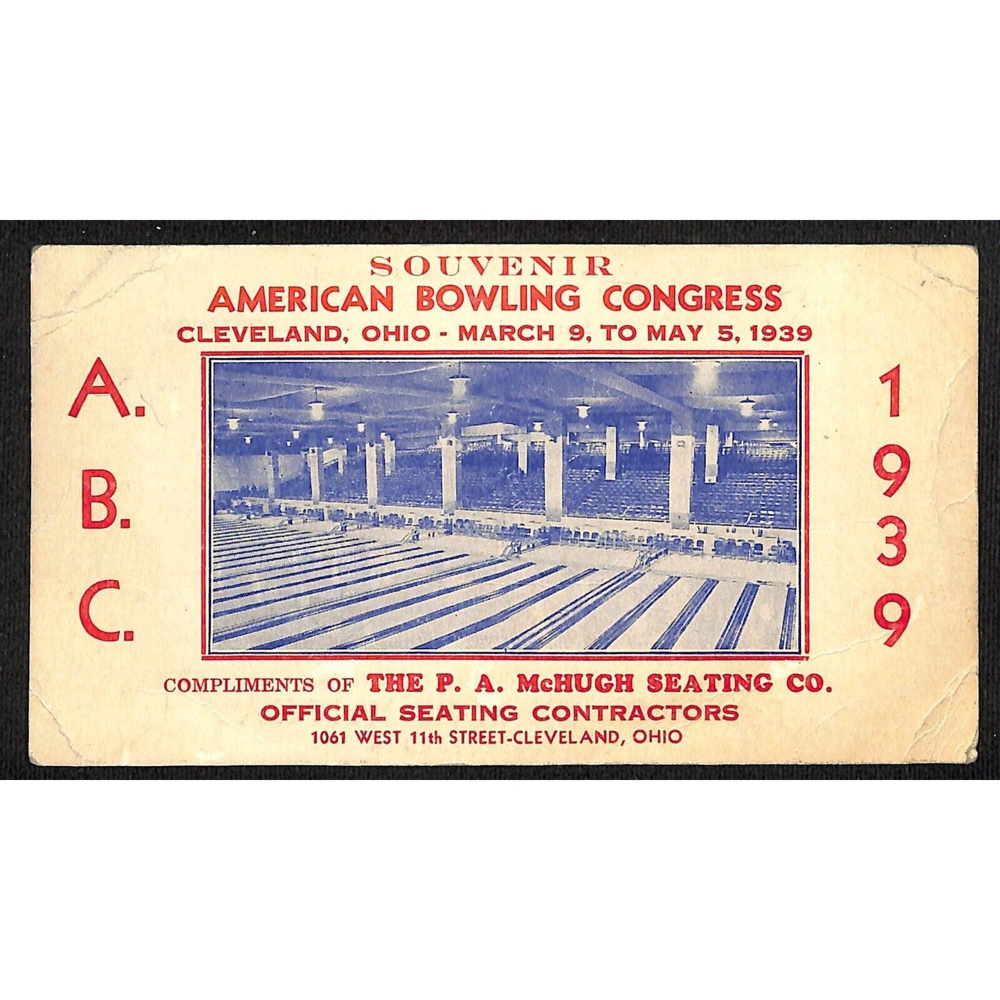 American Bowling Congress Cleveland, OH P.A. McHugh A.B.C. 1939 Advertising Card