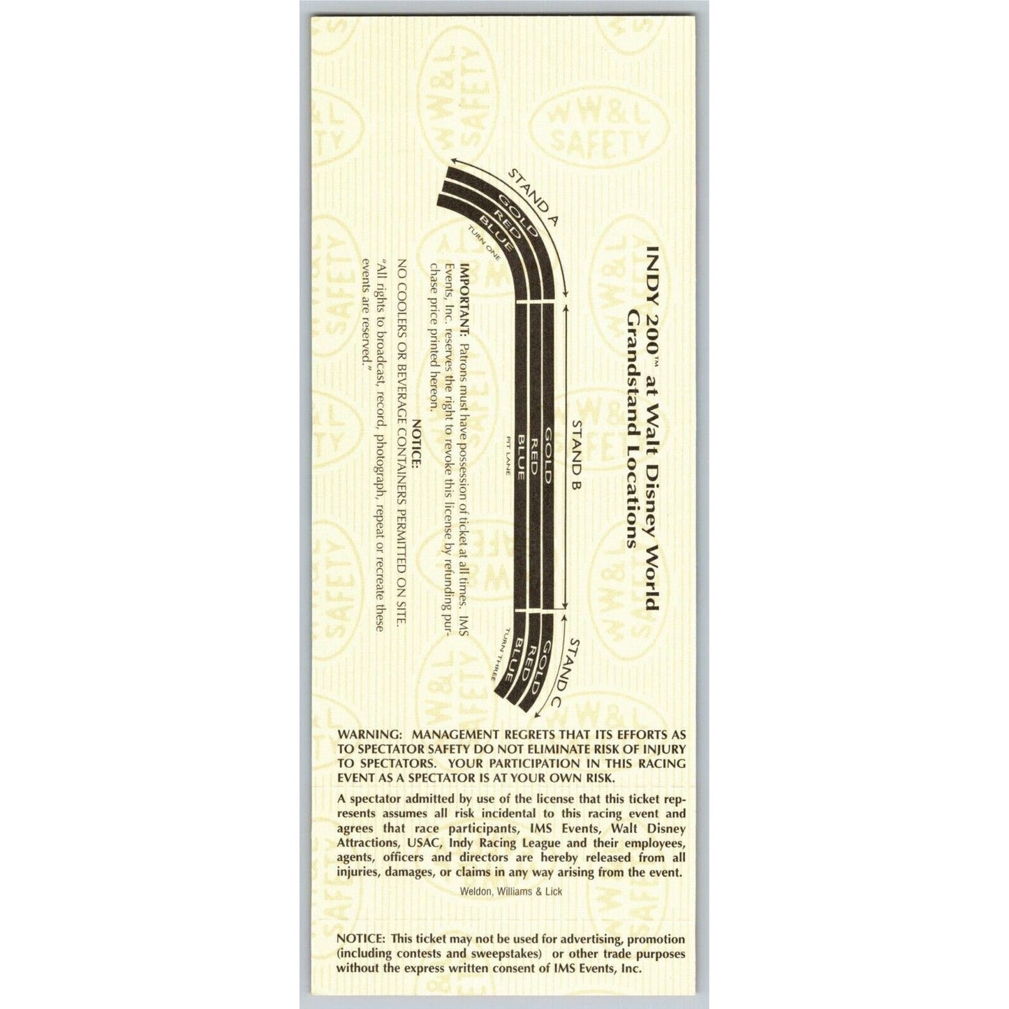 1997 Indy 200 Walt Disney World Thursday 1/23 Practice Unused Ticket - Seat 13