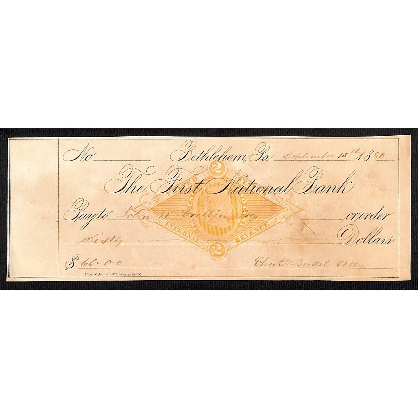 Bethlehem, PA 1880 First National Bank Check w/ Imp. Tax Stamp