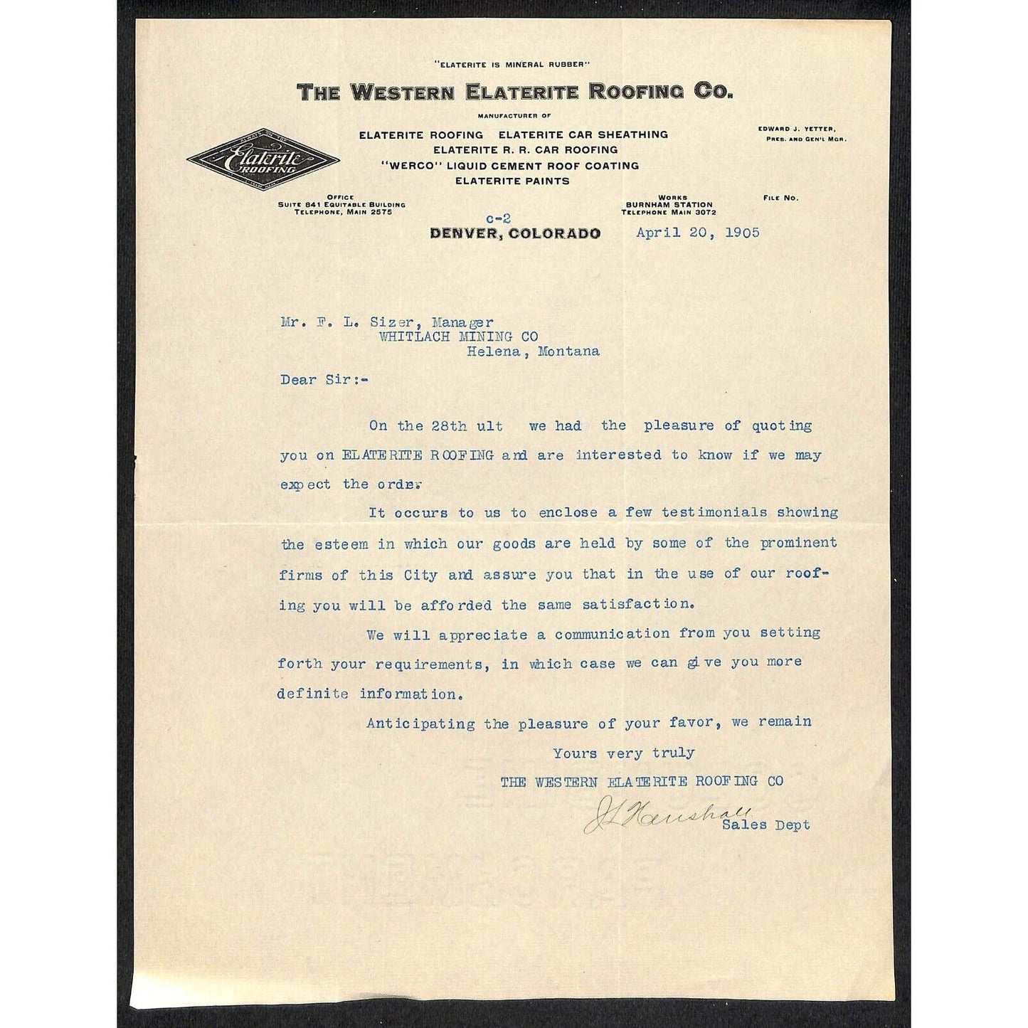 Denver, CO The Western Elaterite Roofing Co. 1905 Letterhead - Whitlach Mining