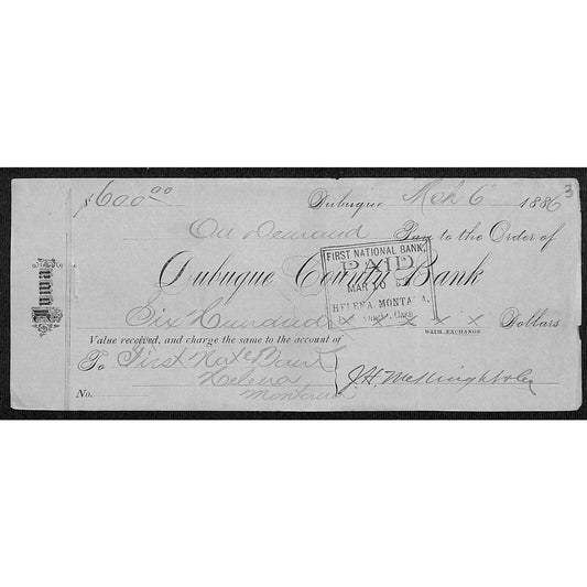 Dubuque County Bank Iowa 1886 $600 Bank Check - Scarce