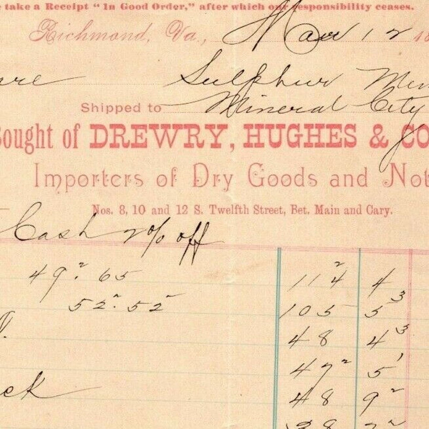 Drewry, Hughes & Co. Dry Goods Richmond, VA Letterhead o Geo. E. Wear 1892