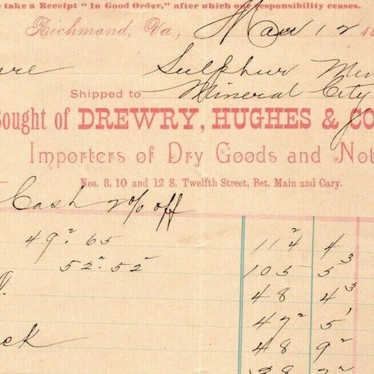Drewry, Hughes & Co. Dry Goods Richmond, VA Letterhead o Geo. E. Wear 1892