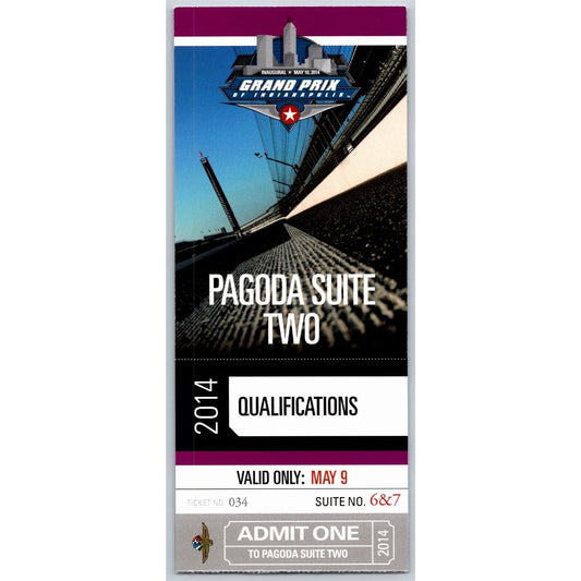 2014 Grand Prix of Indianapolis Qualifications 5/8 Pagoda Suite Ticket Stub