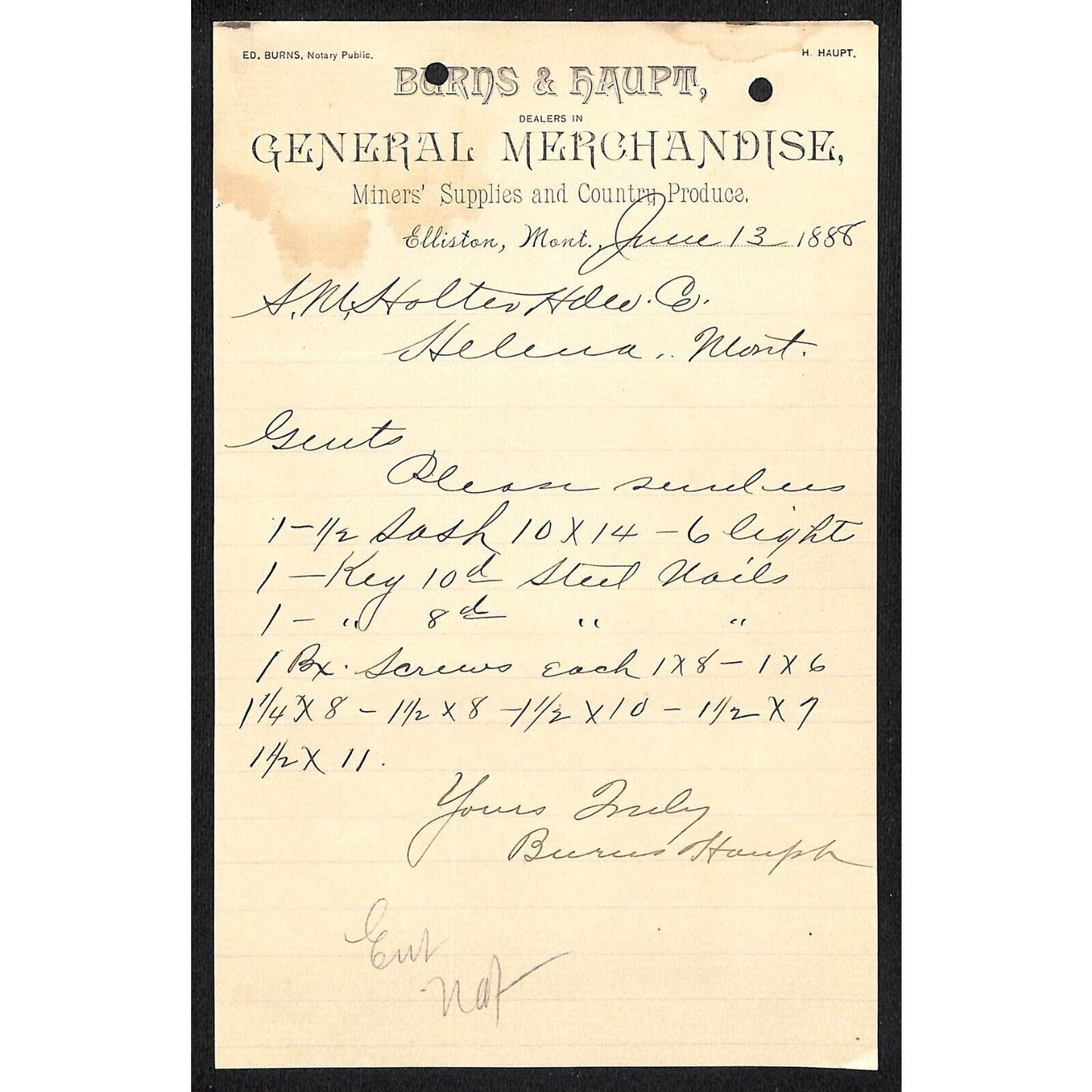 Elliston, MT Burns & Haupt Gen Mdse Miners' Supplies Produce June 1888 Billhead