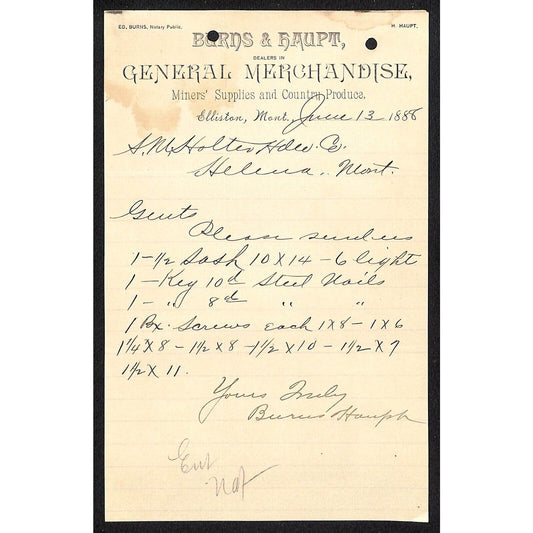 Elliston, MT Burns & Haupt Gen Mdse Miners' Supplies Produce June 1888 Billhead