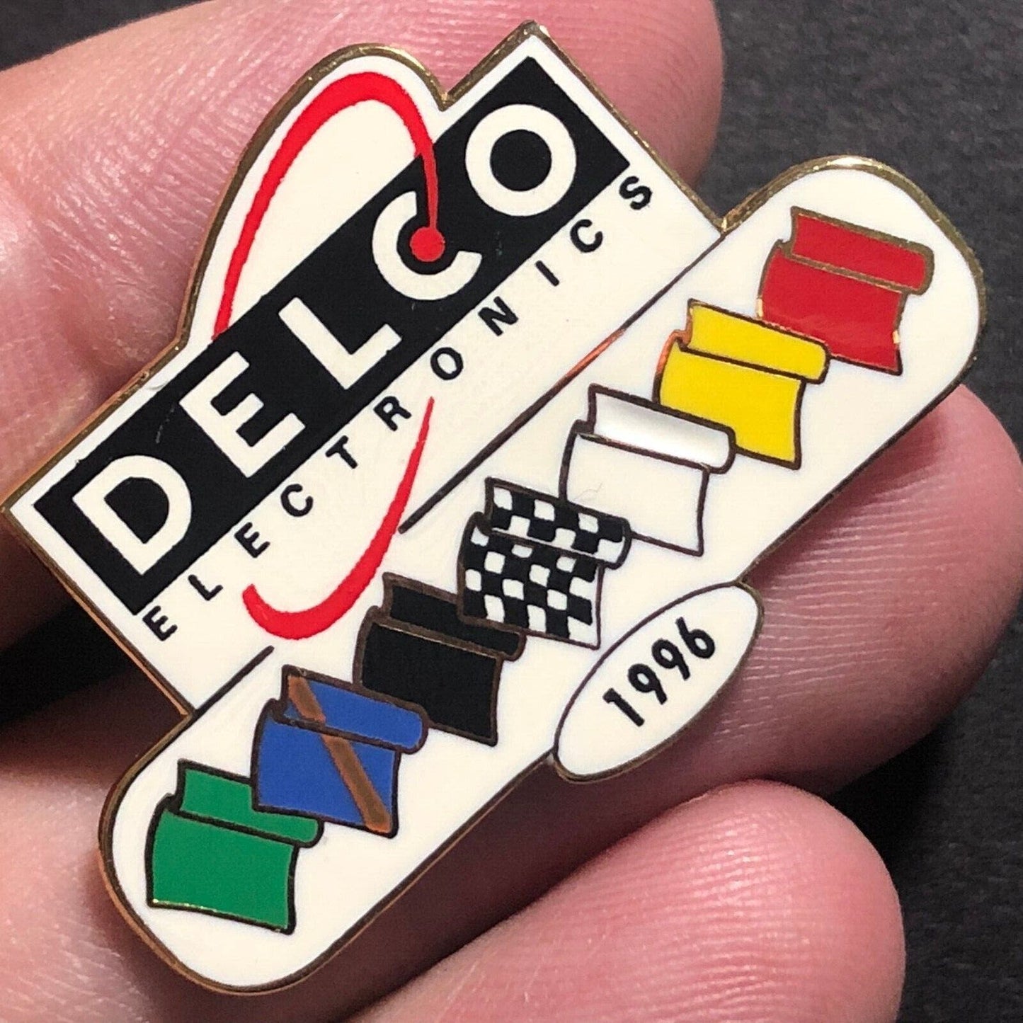 1996 Indy 500 Delco Electronics Enamel Lapel Hat Pin w/ Flags IMS NOS Scarce