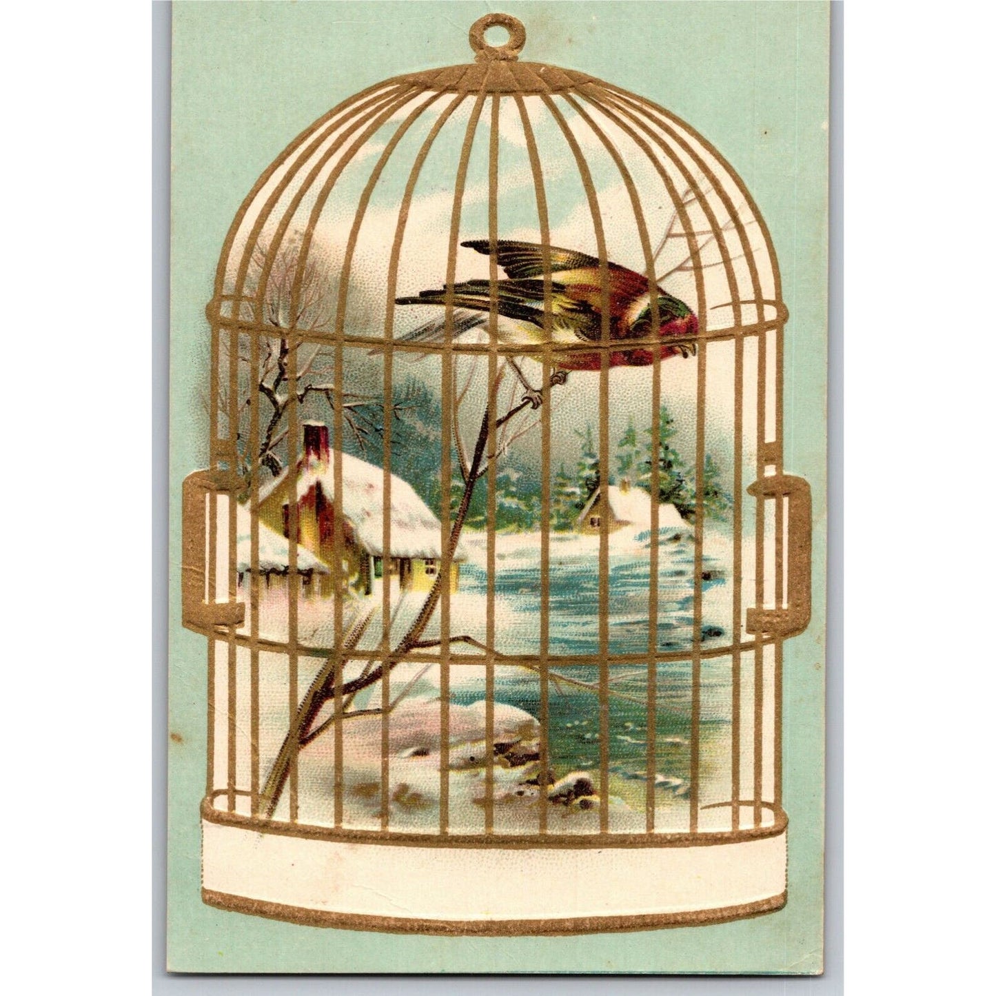 Bird in a Gilt Cage / Winter Home Scene / Victorian Trade Card - Lion Coffee