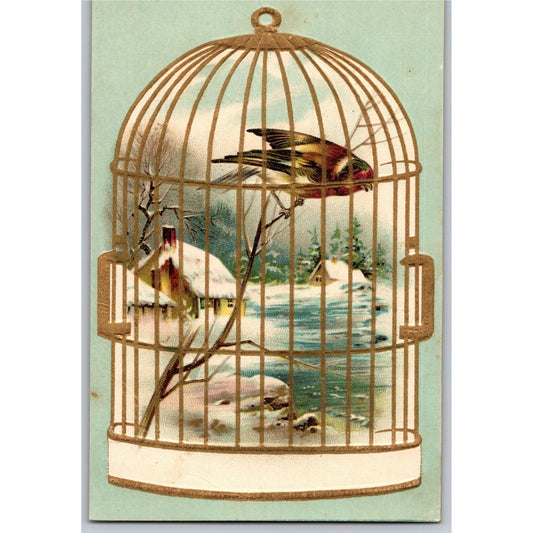 Bird in a Gilt Cage / Winter Home Scene / Victorian Trade Card - Lion Coffee