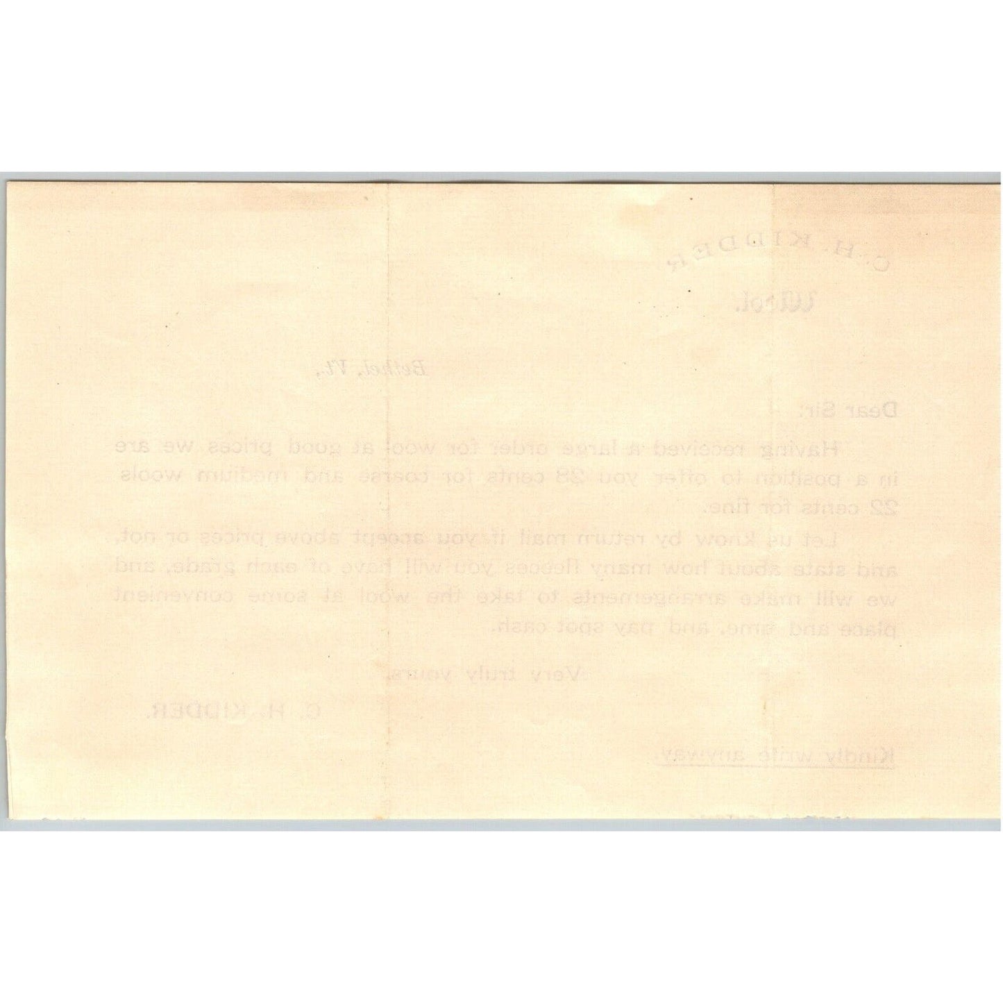 Bethel, VT C.H. Kidder "Wool at Good Prices" Fleeces Offer Sheet c1880's-90's VG