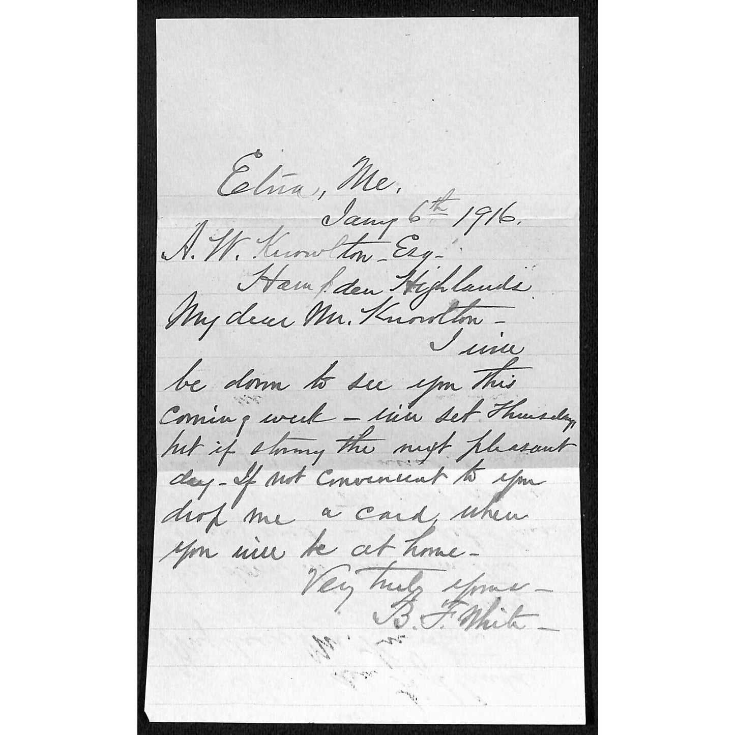 Newburgh, ME Amos W. Knowlton* 1916 Etna, ME Mountain View Farm ALS