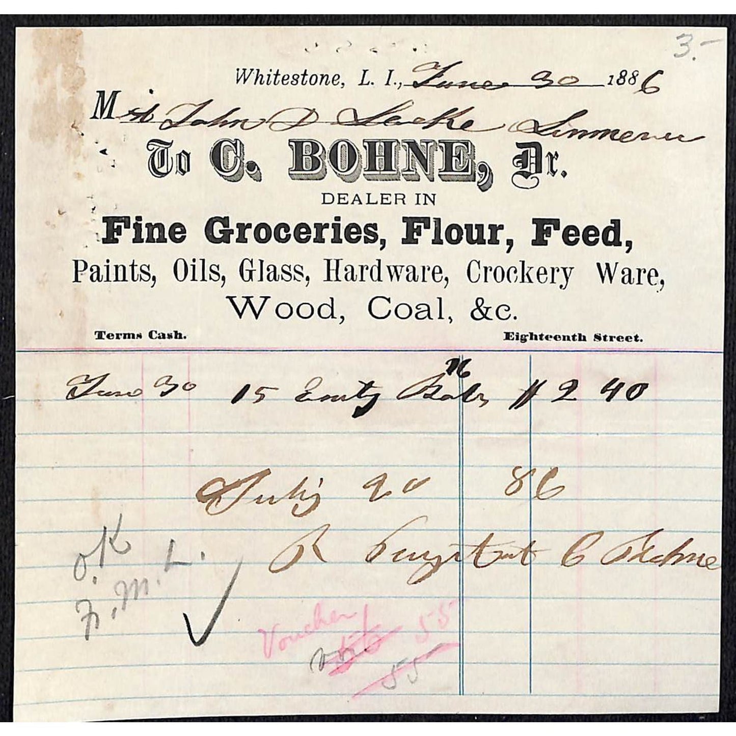 Whitestone, L.I, NY C. Bohne Fine Groceries Flour Feed Hardware 1886 Billhead