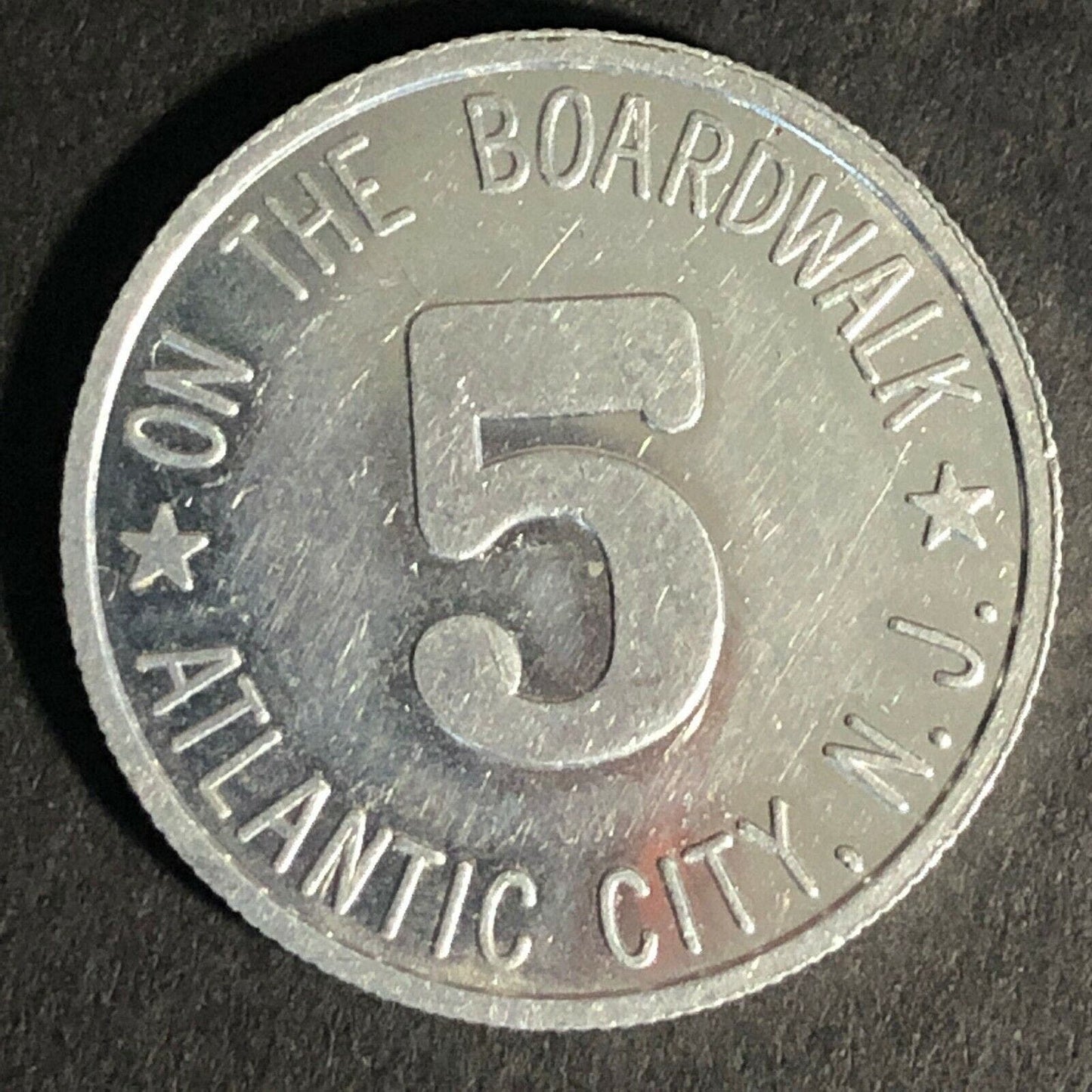 Fun Spot Arcade The Boardwalk Atlantic City, NJ Alum. Token "5" 25.5mm Reeded