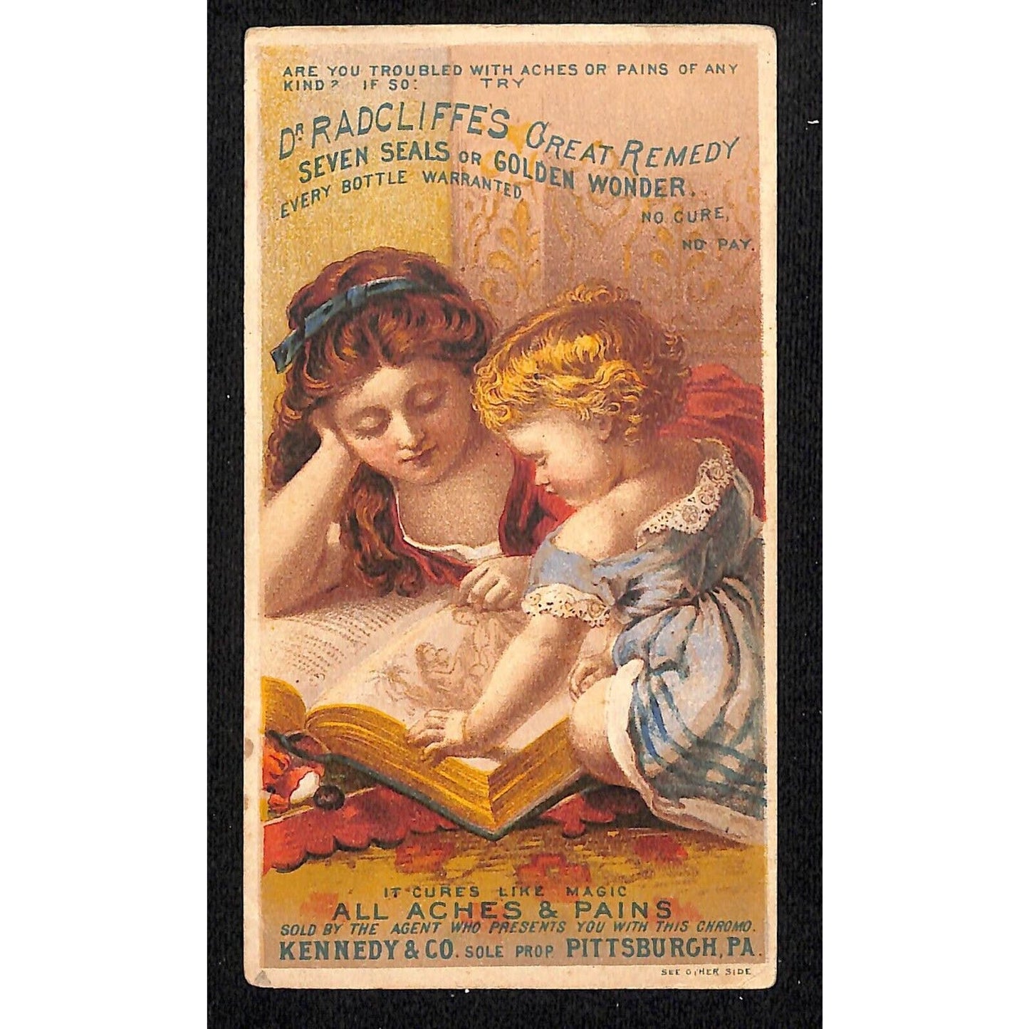 Dr. Radcliff's Great Remedy Victorian Trade Card Girl Reads to Baby from Book