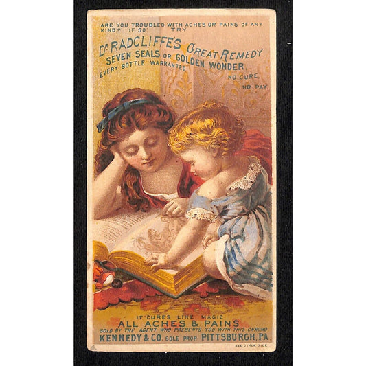 Dr. Radcliff's Great Remedy Victorian Trade Card Girl Reads to Baby from Book