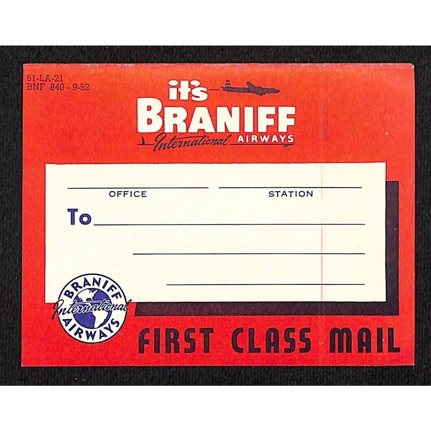 Braniff Airways "First Class Mail" "It's Braniff" Gum Label c1952 VGC