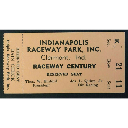 c1964-65 Indianapolis Raceway Park "Raceway Century" Ticket Stub - VGC
