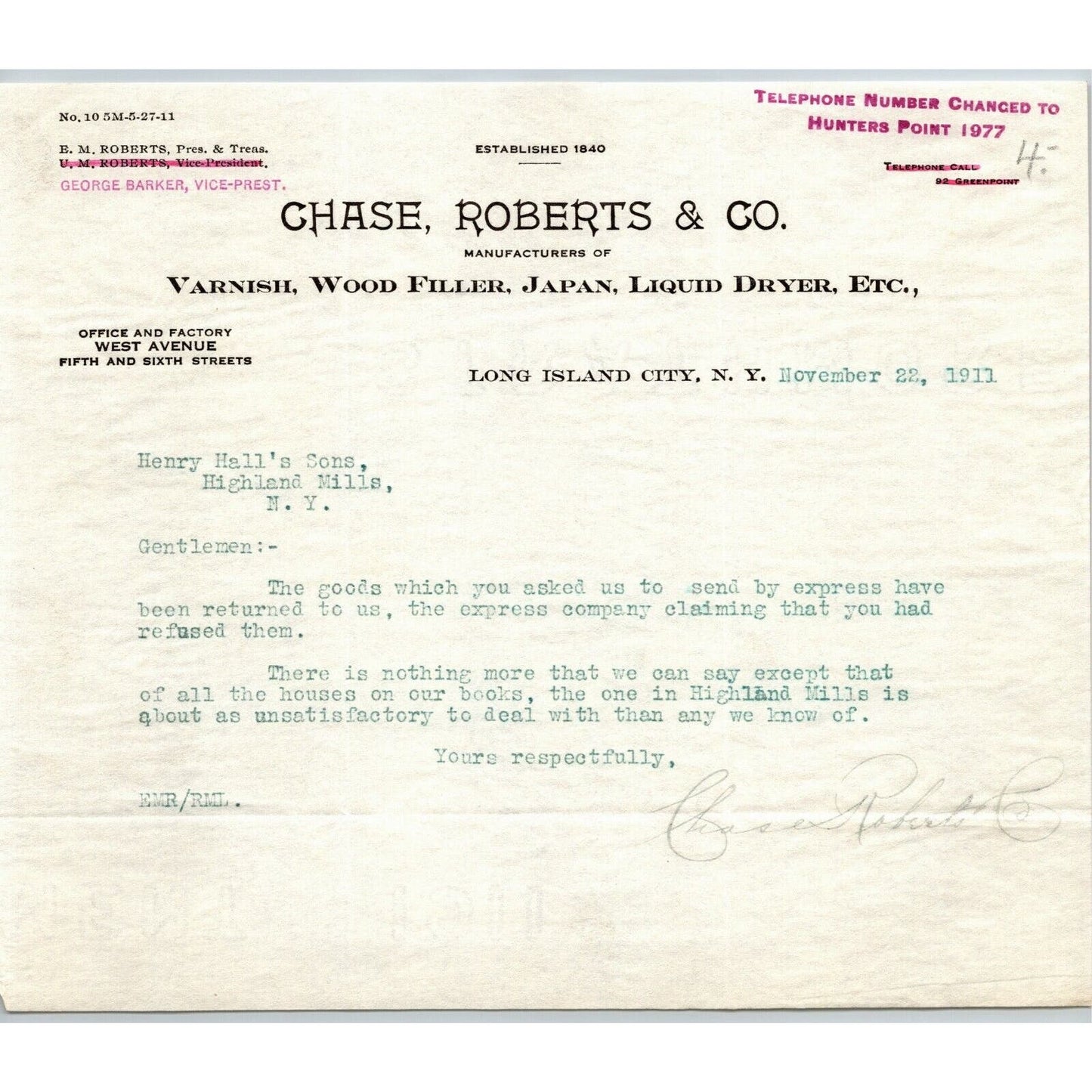 Long Island City NY Billhead Letterhead 1911 Chase, Roberts & Co. Varnish