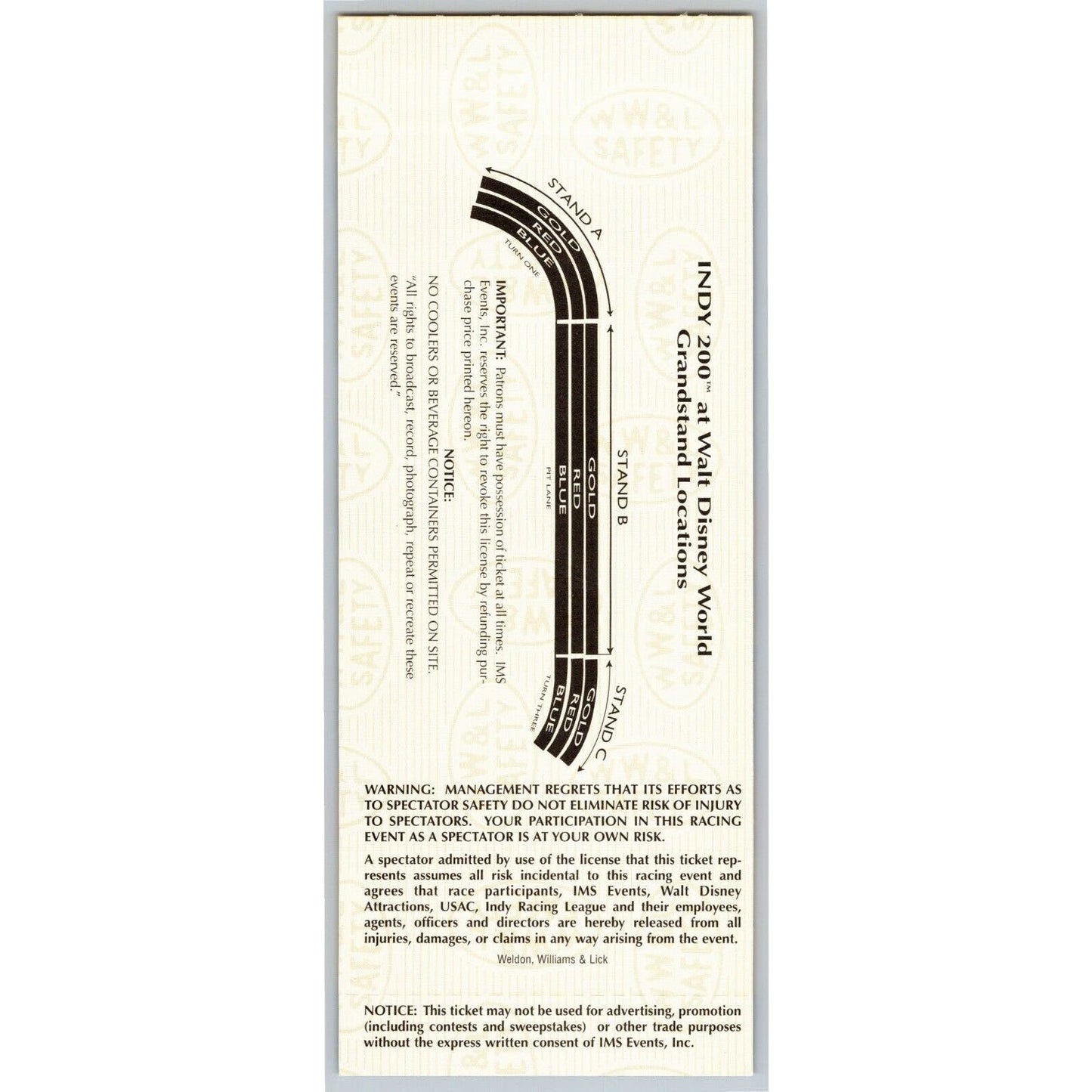 1997 Indy 200 Walt Disney World Saturday 1/25 Race Day Unused Ticket - Seat 16