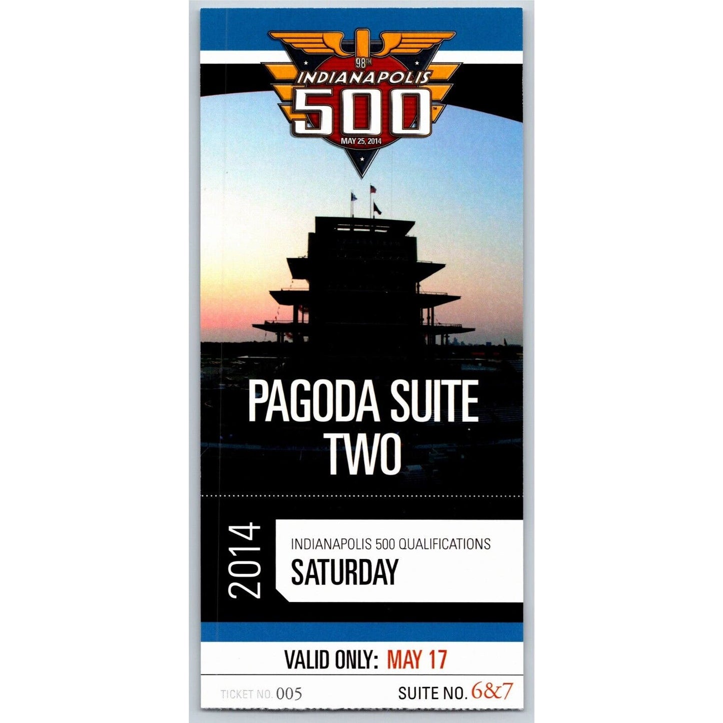 2014 Indy 500 Qualifications Saturday 5/17 Pagoda Suite Two Ticket Stub #005