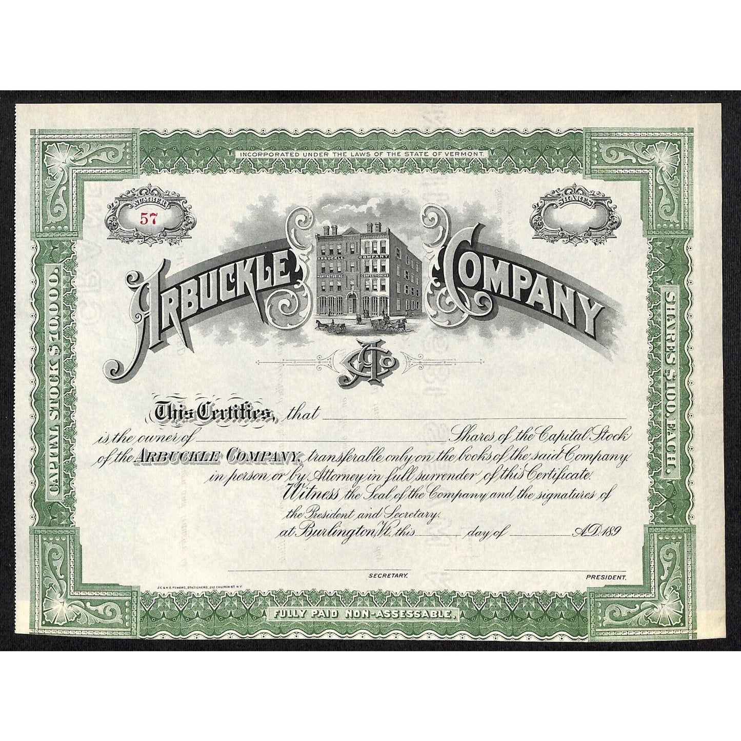 Burlington VT Arbuckle Company Confectioners c1897 Unissued Stock Certificate