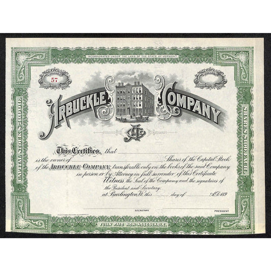 Burlington VT Arbuckle Company Confectioners c1897 Unissued Stock Certificate