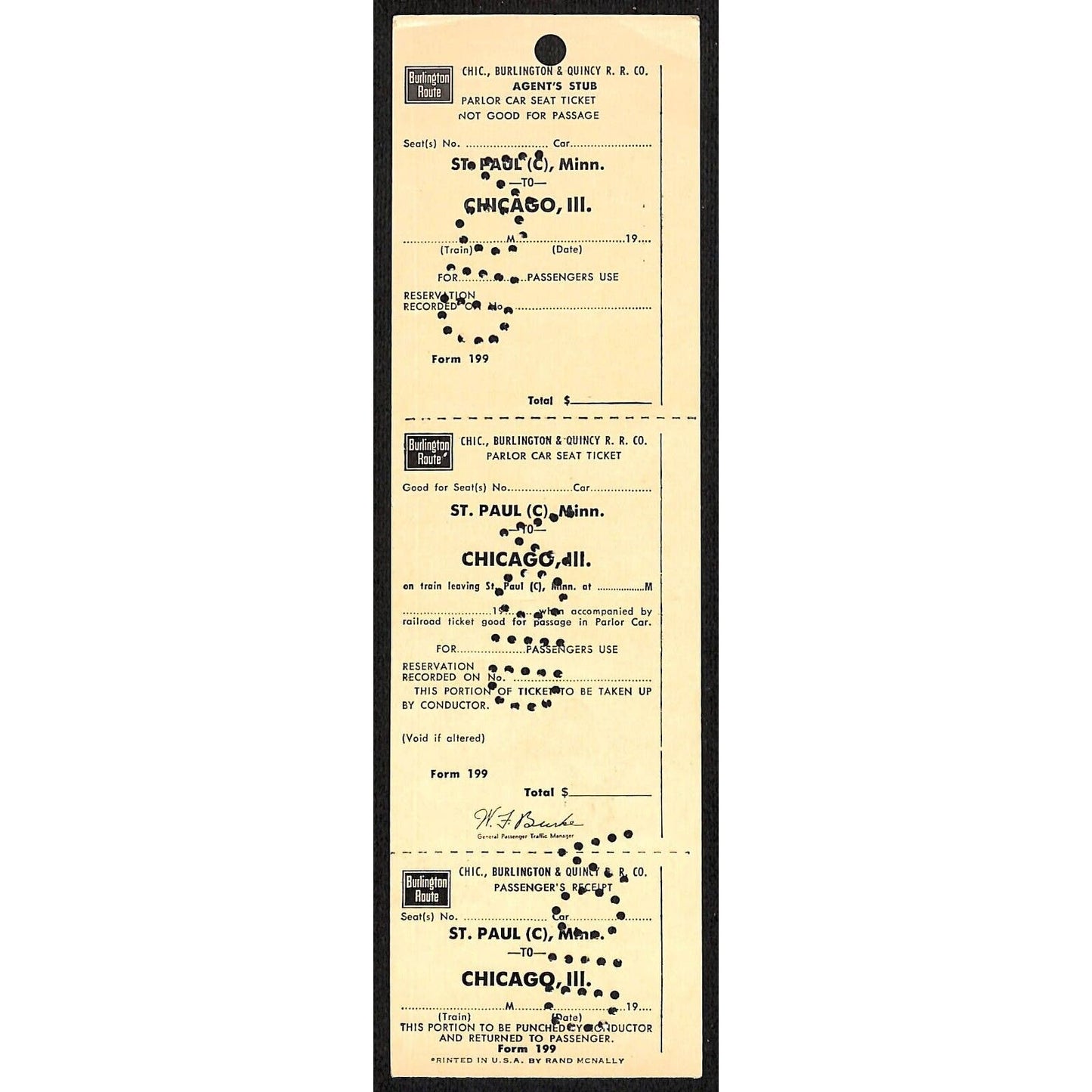 Burlington Route St. Paul to Chicago Unused VOID SAMPLE UNNUMBERED Ticket 1965