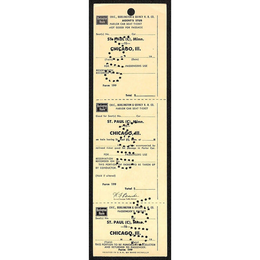 Burlington Route St. Paul to Chicago Unused VOID SAMPLE UNNUMBERED Ticket 1965