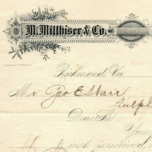 M. Millhiser & Co. (Tobacco Bags) Letterhead Richmond, VA to: Geo. E. Wear 1895