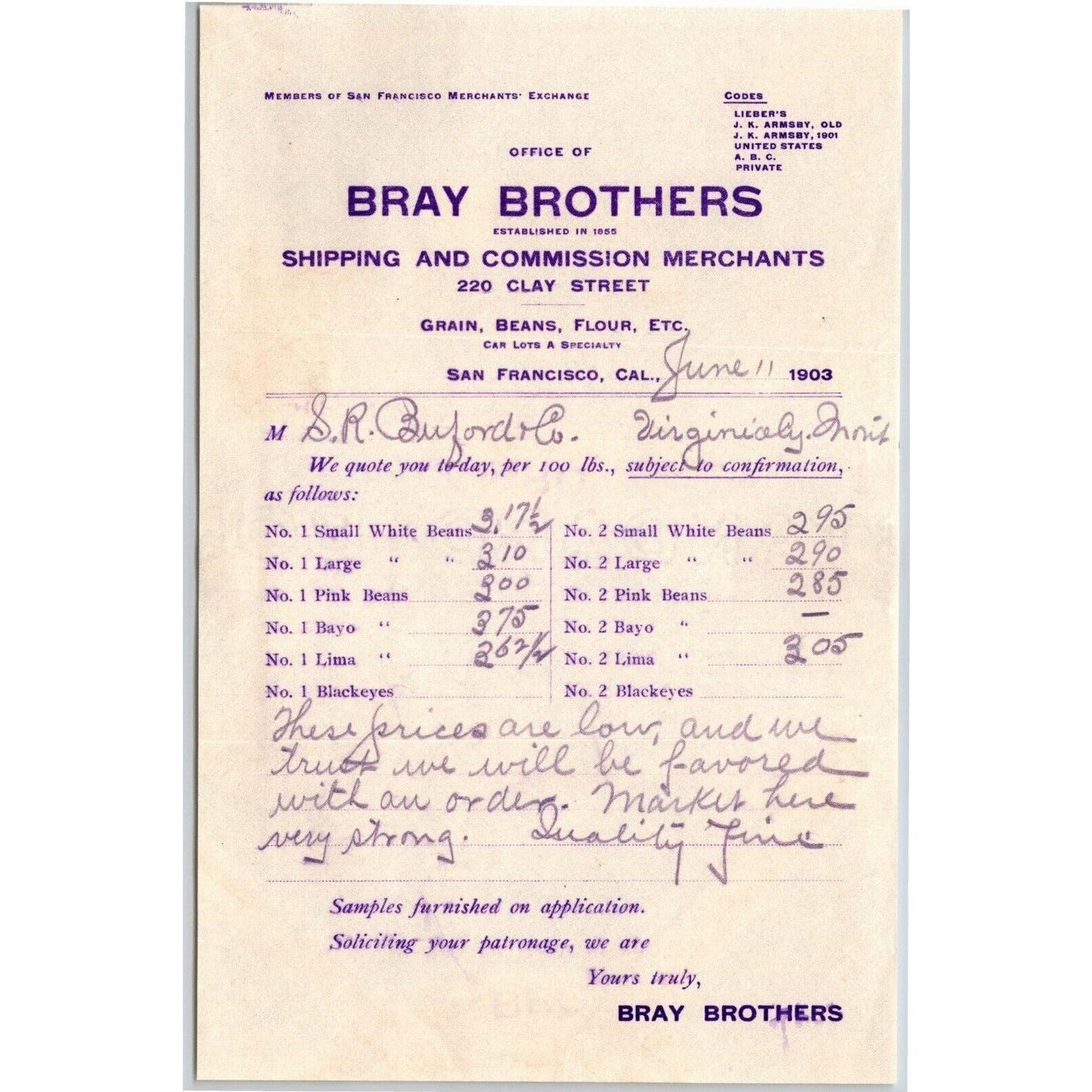 1903 Bray Brothers San Francisco Fruit Letterhead Billhead - S.R. Buford Montana