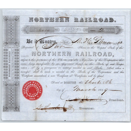 1849 Boston, MA Northern Railroad Stock Certificate No. 6019 for 2 Shares
