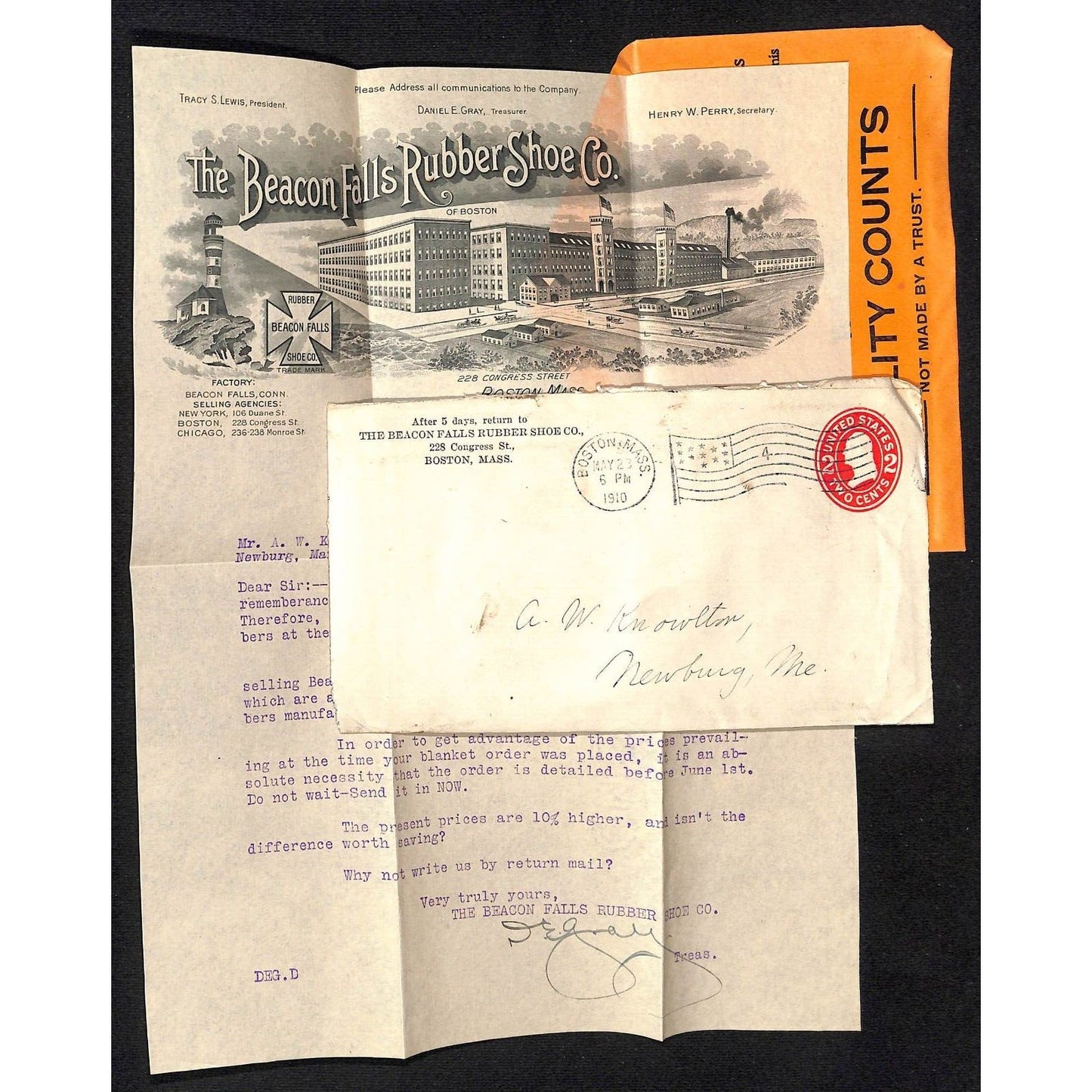 Newburgh ME Amos W. Knowlton* 1910 Beacon Falls Rubber Shoe Co. Letterhead ++