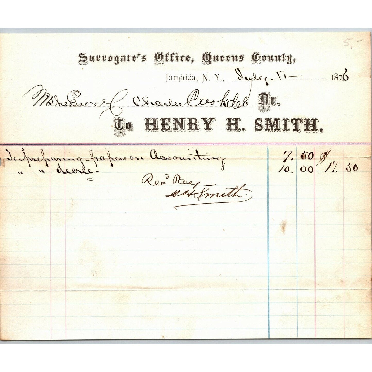 1876 Jamaica, NY Letterhead Surrogate's Office Henry H. Smith Signed