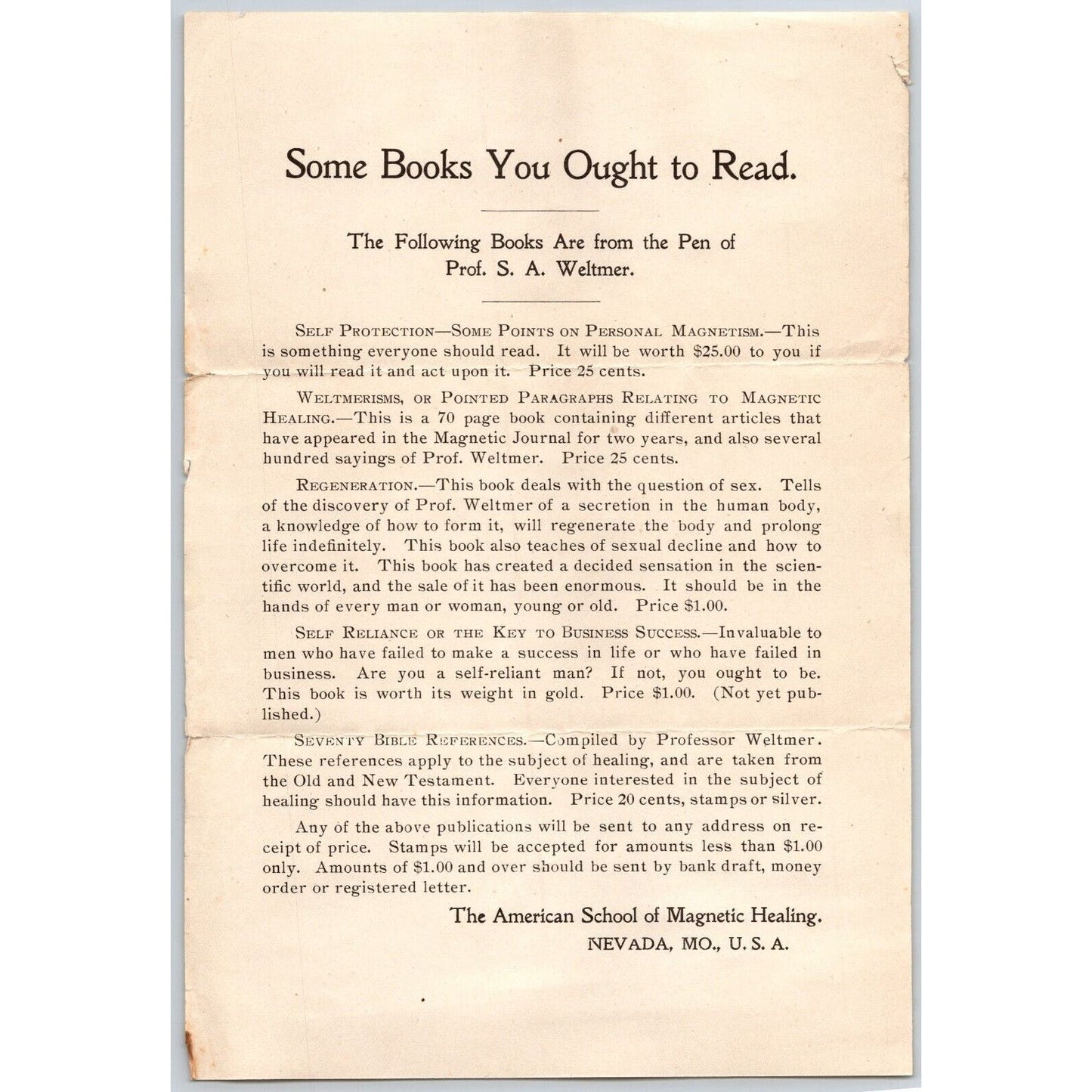 American School of Magnetic Healing "Books You Ought to Read" Weltmer c1897 VGC