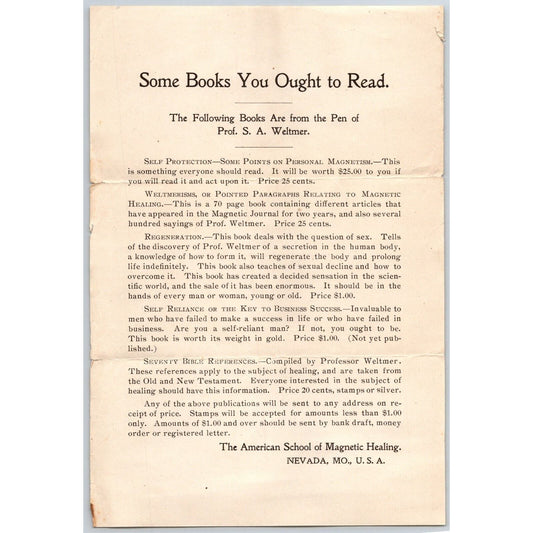 American School of Magnetic Healing "Books You Ought to Read" Weltmer c1897 VGC