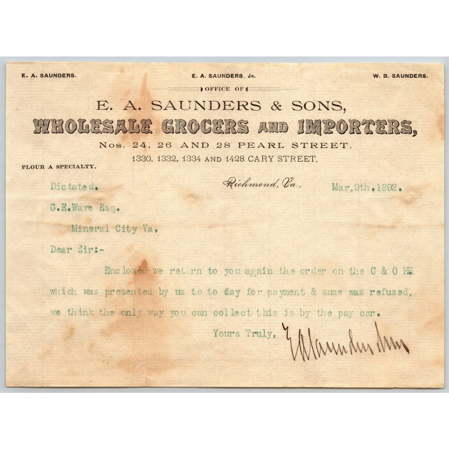 E.A. Saunders & Sons Grocers Richmond, VA Letterhead o Geo. E. Wear 1892