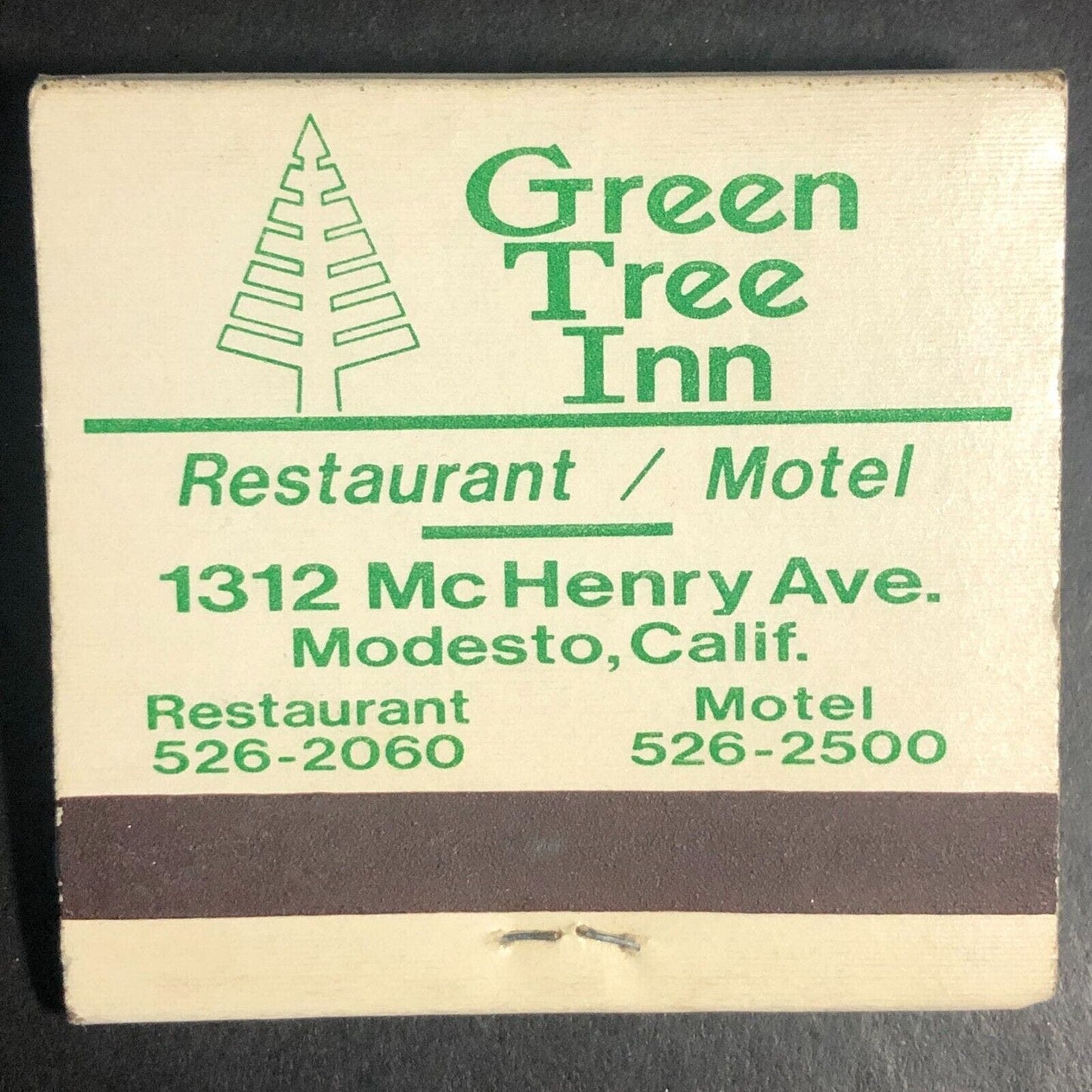 Modesto, CA Green Tree Inn Restaurant Motel Full Matchbook c1975-1985 Scarce
