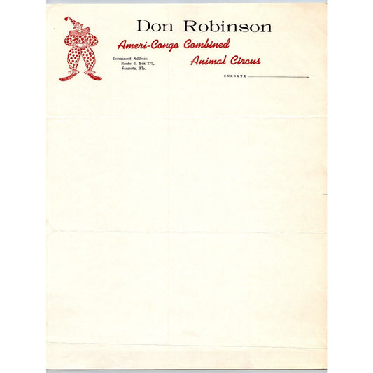 Don Robinson Ameri-Congo Combined Animal Circus Letterhead c1957 Clown Scarce