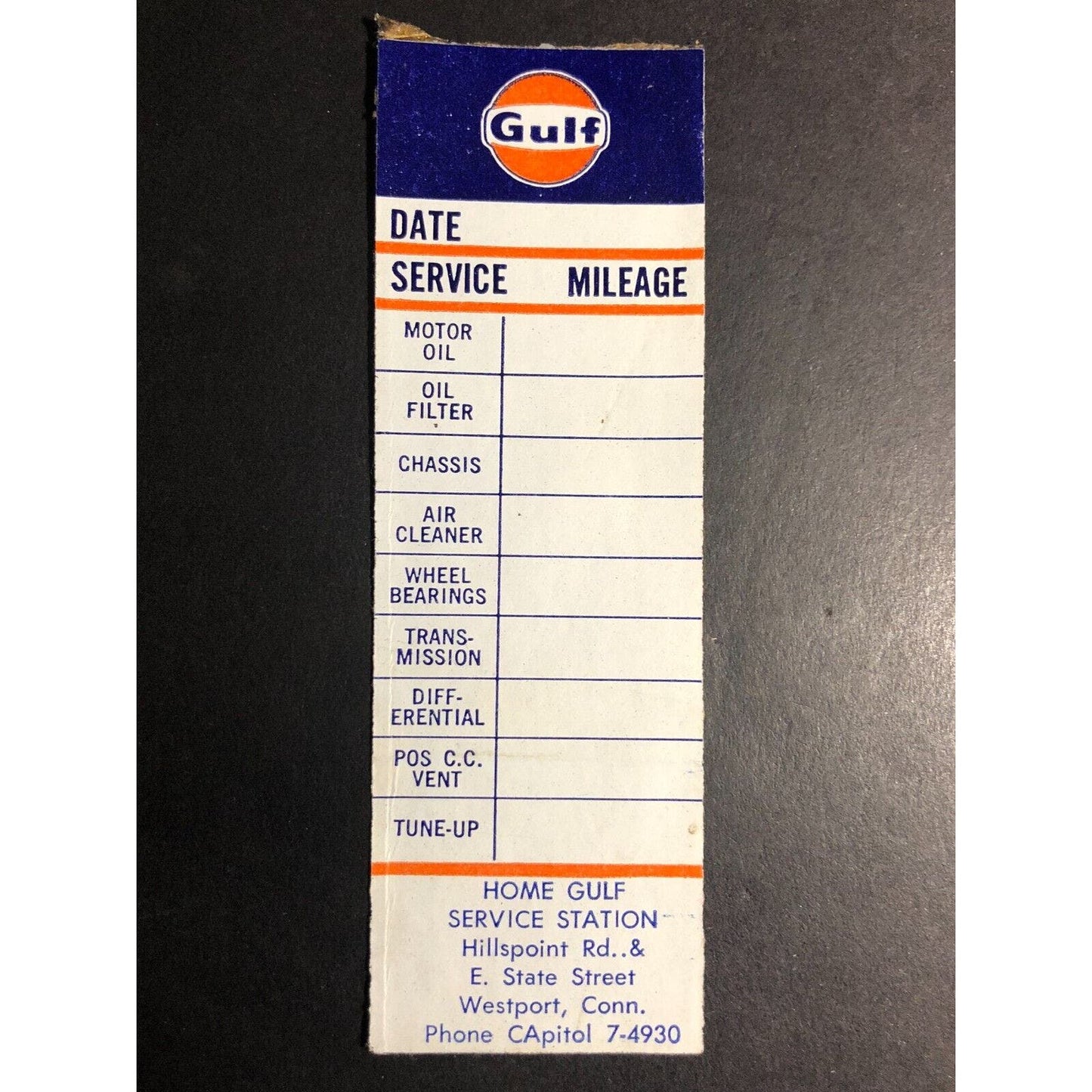 Home Gulf Service Station Westport, CT Door Jam Oil Change Service Sticker c1968