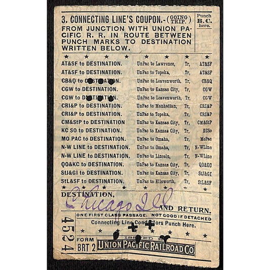 1913 Union Pacific Railroad Ticket from Junction Union Pacific RR #4524