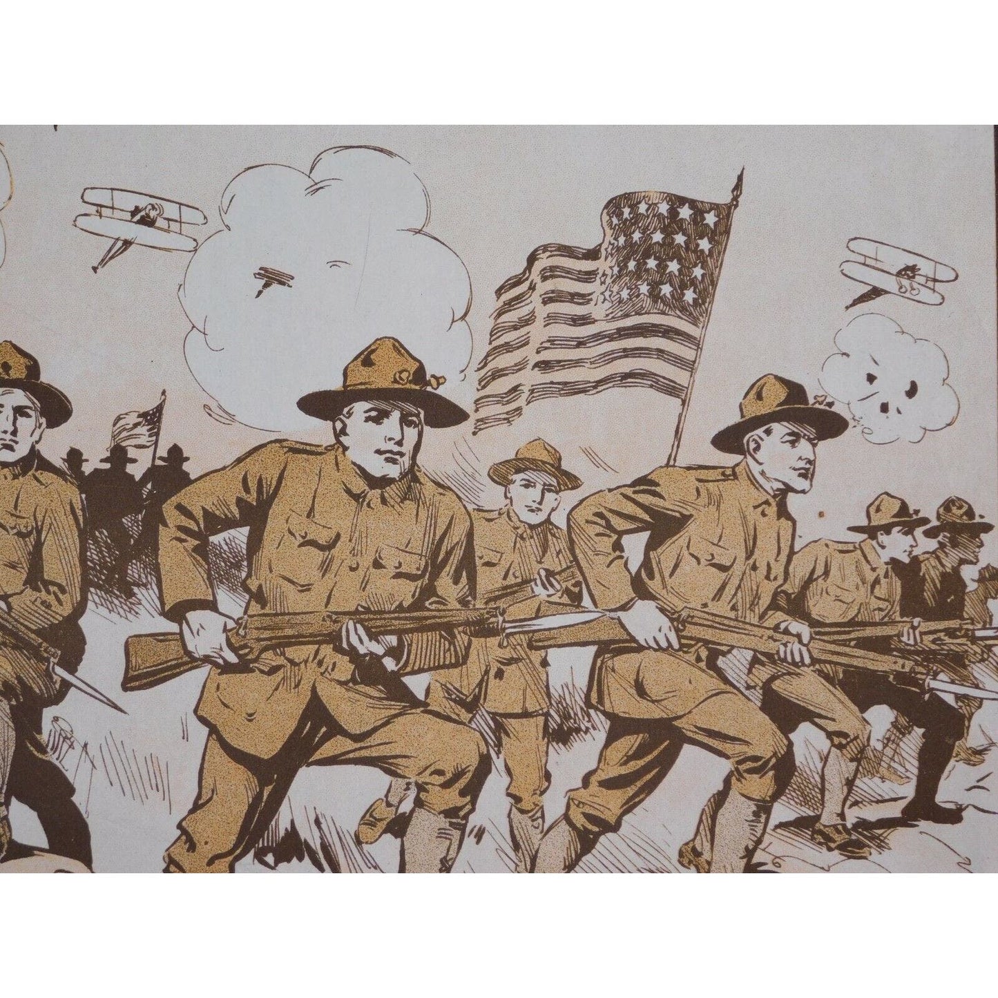 WWI Sheet Music - "Over The Top" Advancing Soldiers With Rifles Flag Biplanes