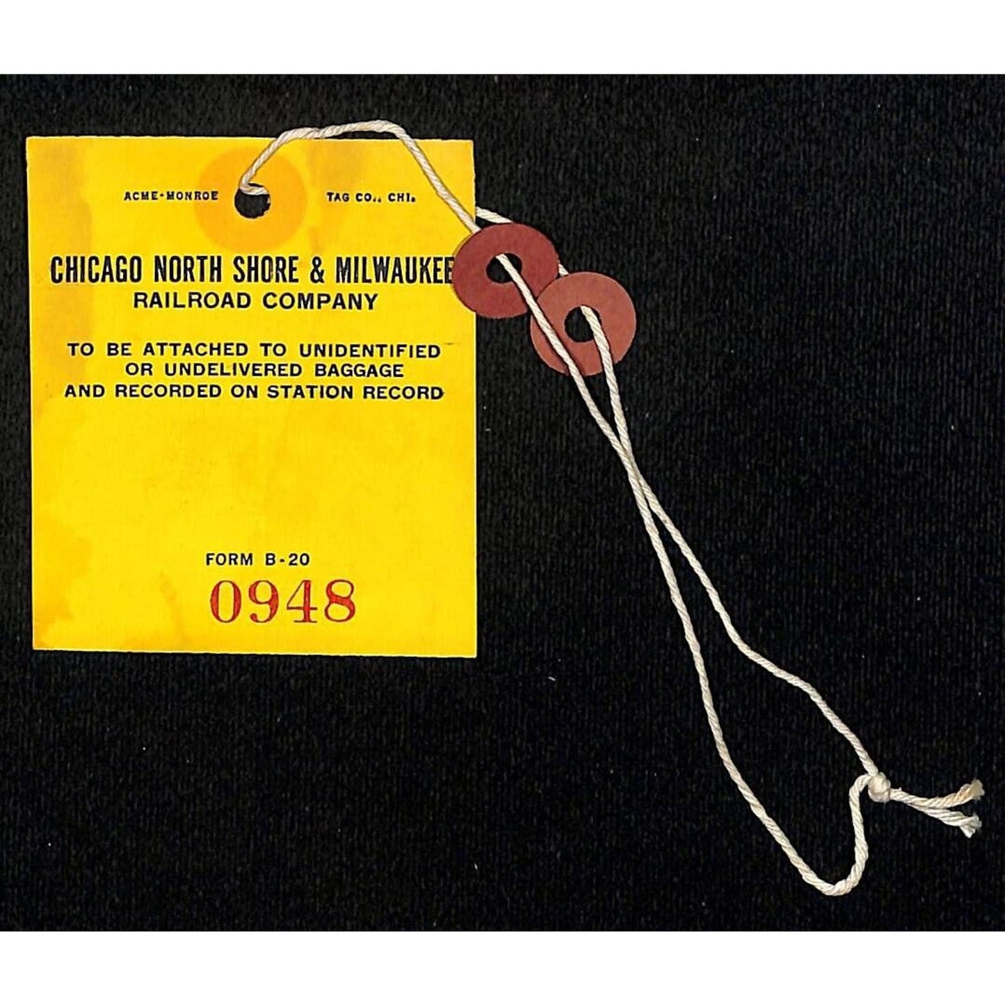 Chicago North Shore & Milwaukee Railroad c1960's Baggage / Luggage Tag