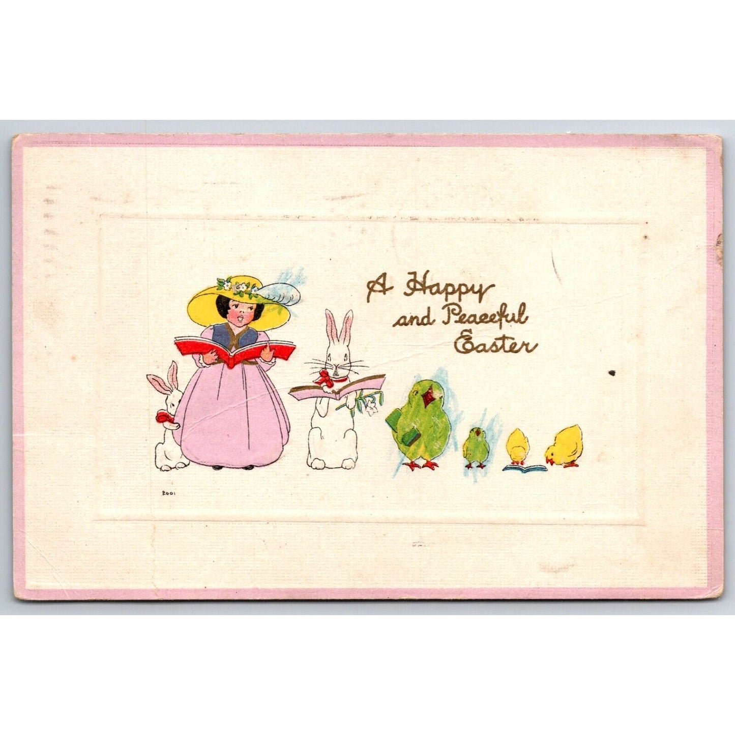Easter Postcard Girl Rabbit Bird Baby Chick Choir Emb. PM 1917